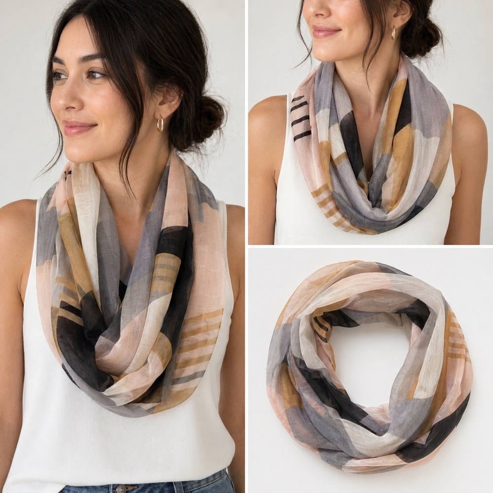 H&M Women One Size Infinity Scarf Pink Grey Geometric Abstract Wool Blend Snood
